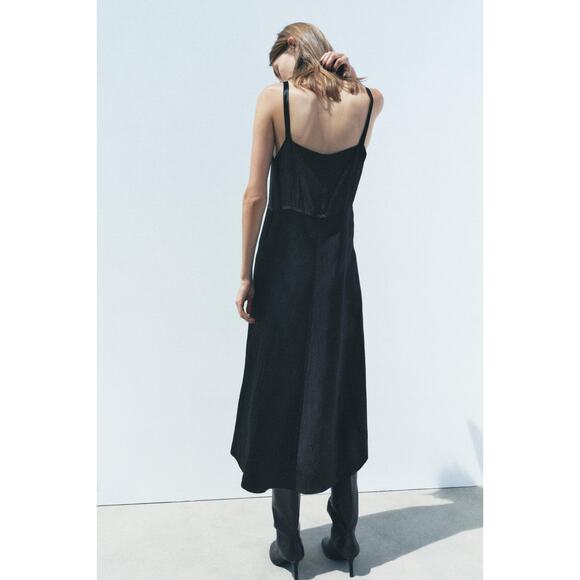 ZARA ZW Collection Black Satin Slip Midi Dress Medium - Picture 4 of 12